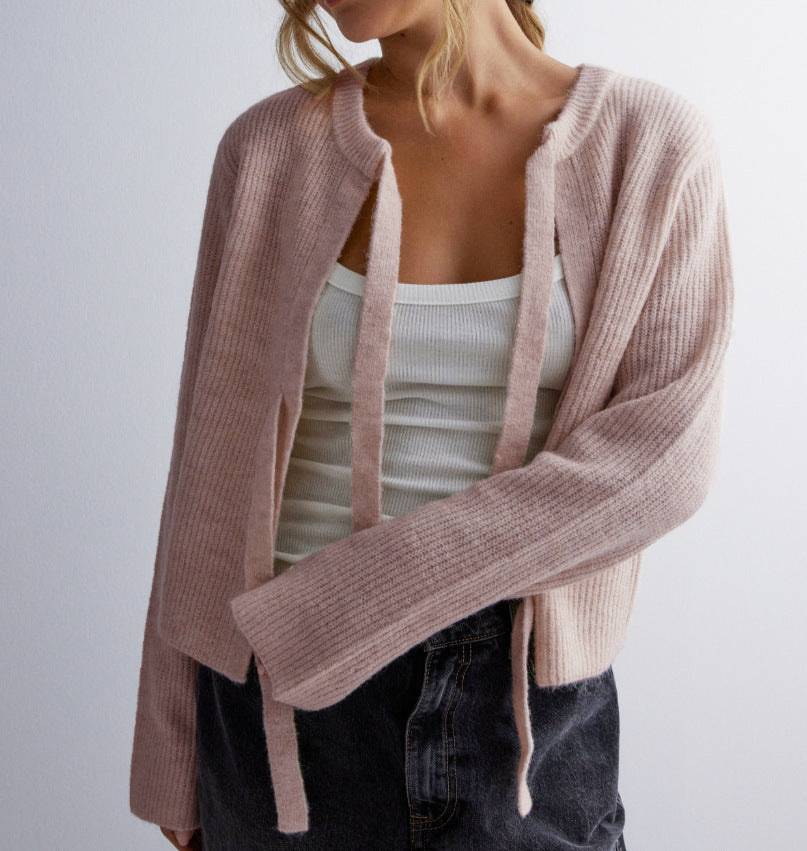 Autumn Winter Women Tops Solid Color Tied Cardigan Loose Sweater Pink