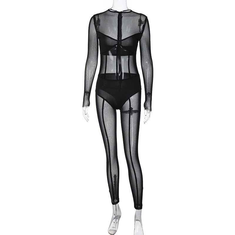 Long Sleeve Mesh Trousers Autumn Women Clothing Sexy See through Jumpsuit Black