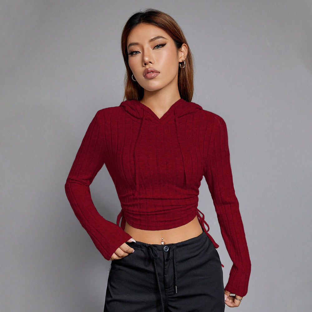 Women Clothing Trendy All Match T Shirt Fall Winter Slim Wine Red Short Hood Top