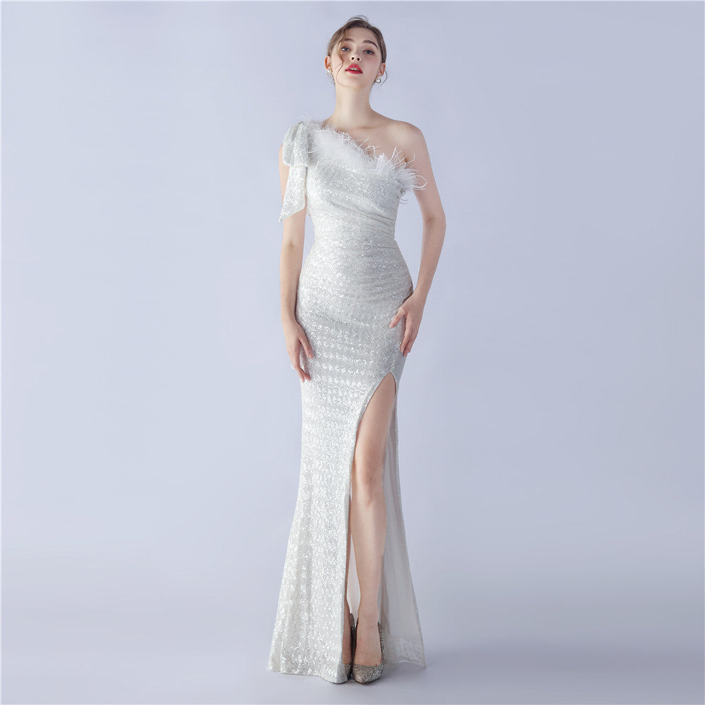 Craft Floral plus Ostrich Feather High End Sequined One Shoulder Evening Dress Dream white