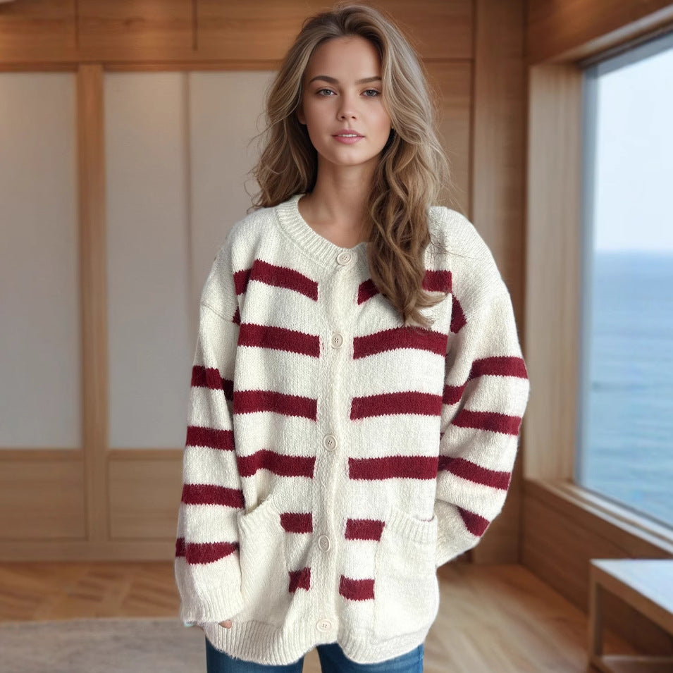 Autumn Winter Loose Women Sweater round Neck Contrast Color Stripe Thickening Thermal Knitting Cardigan