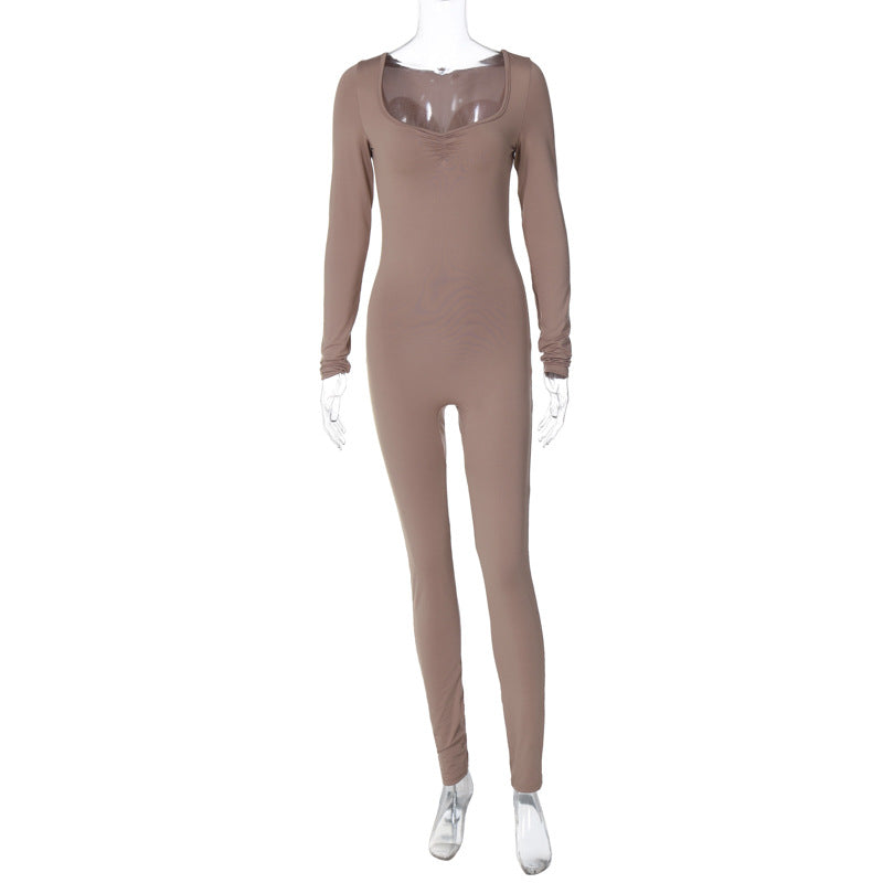 Winter Solid Color Square Collar Pleated Long Sleeve Slim Fit Sports Yoga Jumpsuit Women S Nude