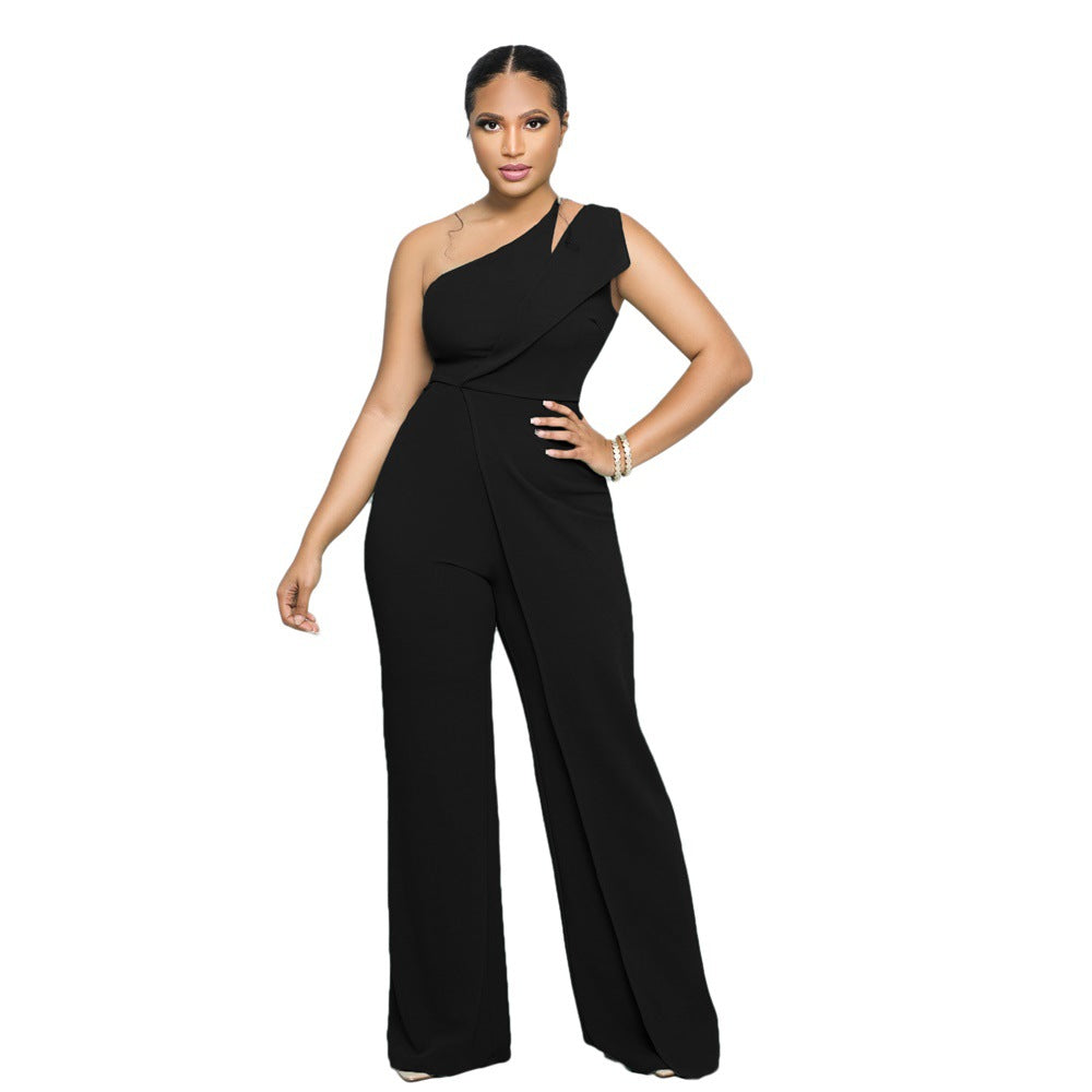 Sexy Sleeveless Single Shoulder Suspender High Waist Office Straight Jumpsuit Black