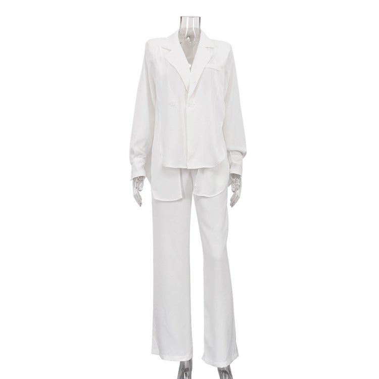 Women Autumn Casual Asymmetric Blazer Wide Leg Pants Two Piece Set White