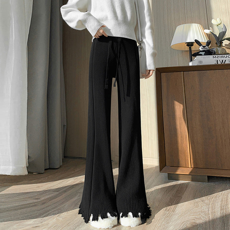 Knitted Tassel Wide Leg Pants for Women Spring Korean High Waist Drawstring Slimming Casual Horn Mop Trousers One Size Black