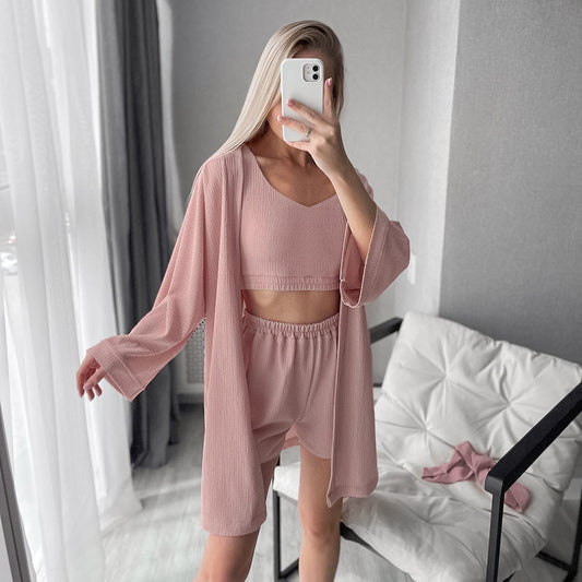 Autumn Pink Breathable Knitted Pajamas Three Piece Cardigan Sleeveless Shorts Ladies Homewear