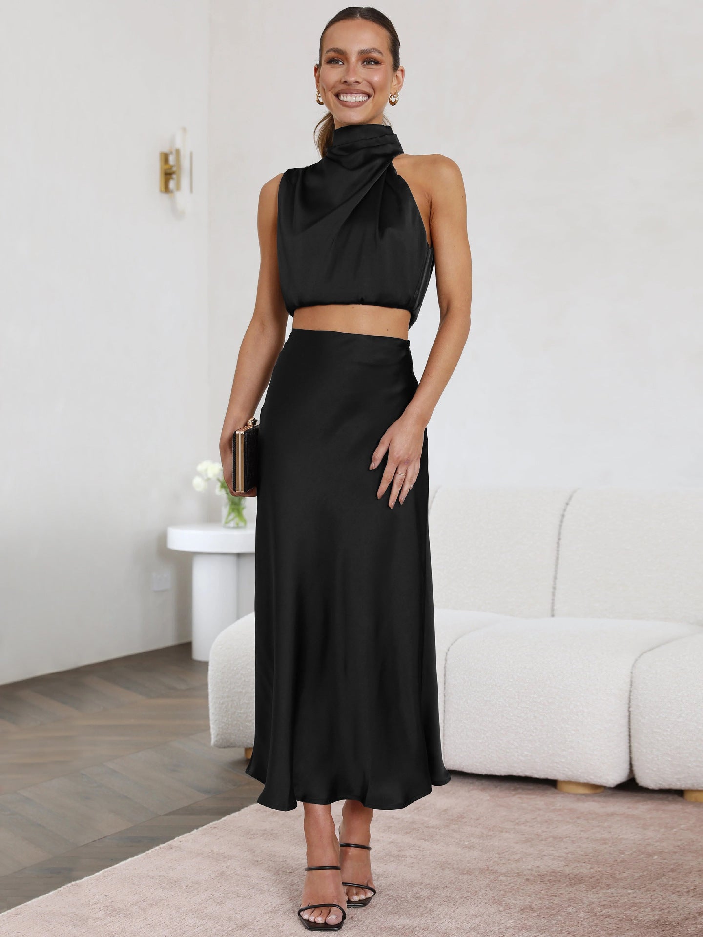 Summer Women Clothing Sexy Scarf Top Draping Skirt Casual Set Women Evening Dress Black