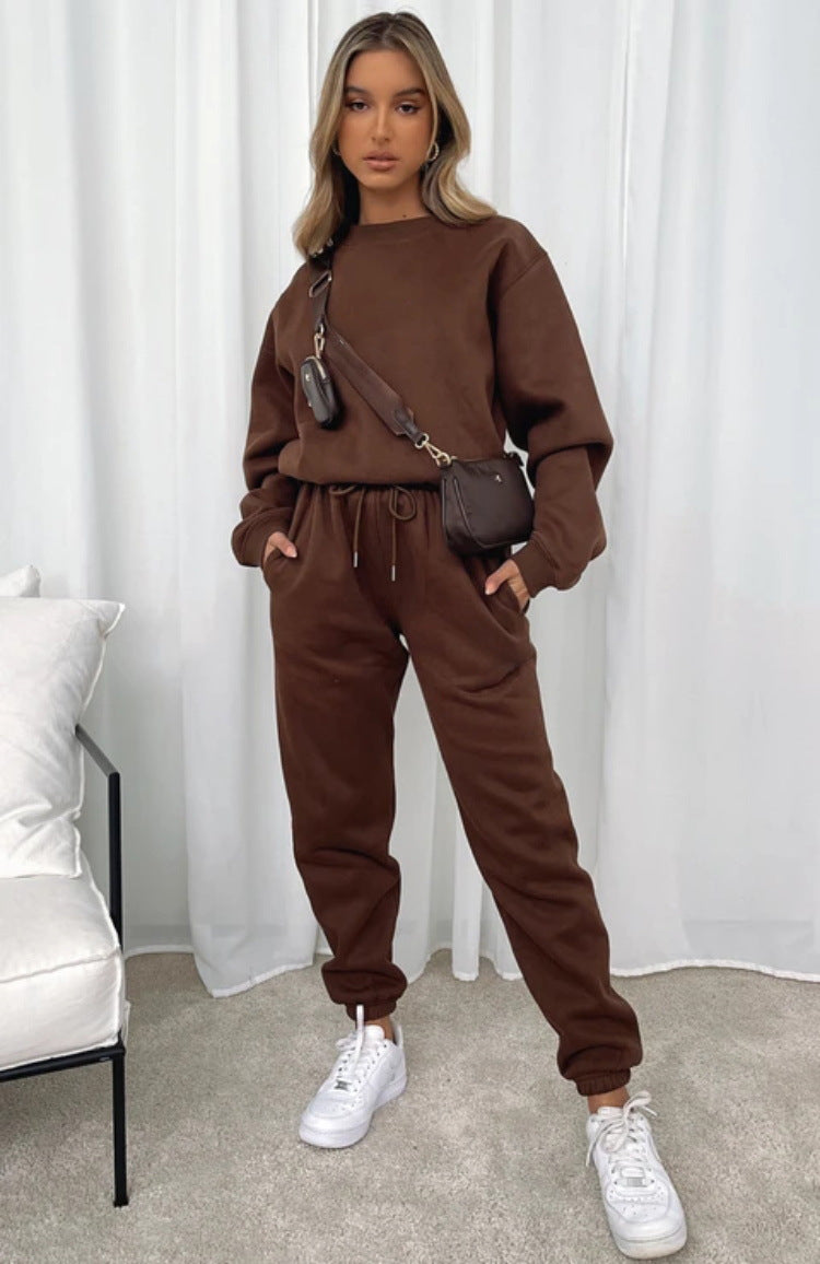 Autumn Winter Solid Color round Neck Pullover Women Casual Long Sleeve Sweater Suit Coffee