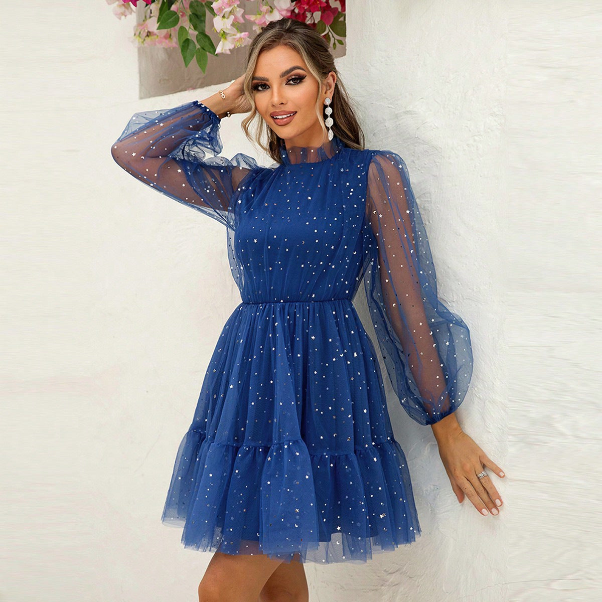 Women Mesh Dress Inlaid with Moon Flashing Sequ Blue