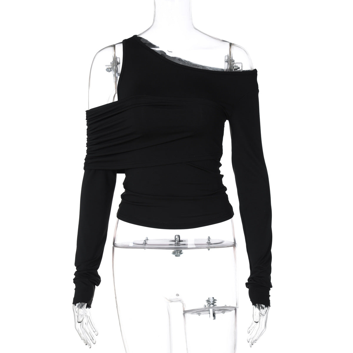 Women Clothing Autumn Irregular Asymmetric with Personality Oblique Shoulder Pleated Slim T shirt Top Black