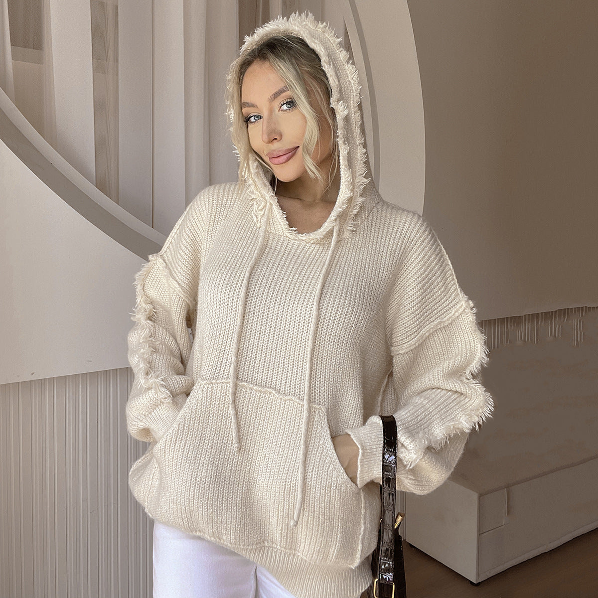 Women Solid Color Frayed Patchwork Pocket Hooded Knitted Pullover Autumn Winter Casual Sweater Top