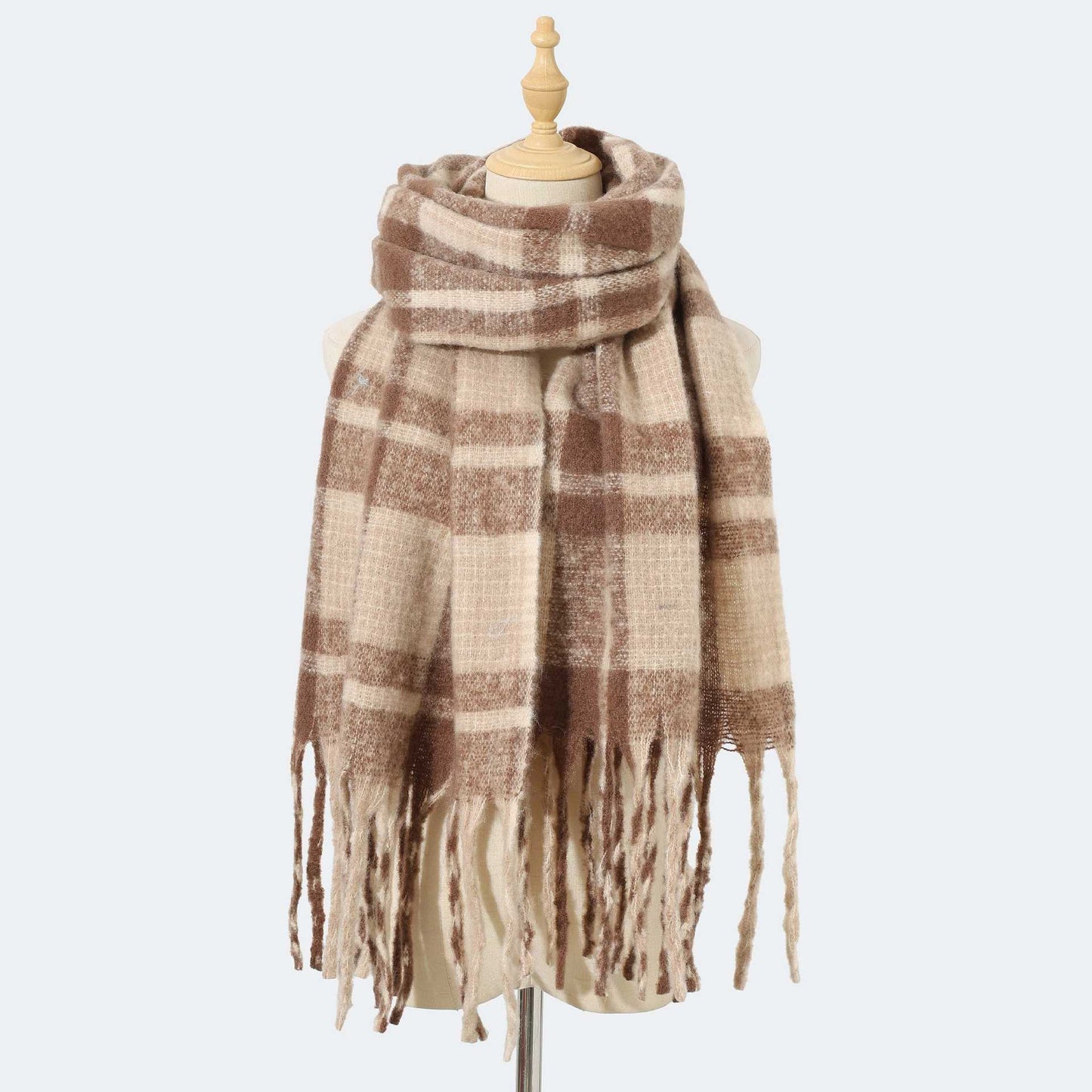 Autumn Winter Mohair Plaid Scarf for Women Thickened High Grade Cashmere like Scarf Warm Scarf One Size Coffee