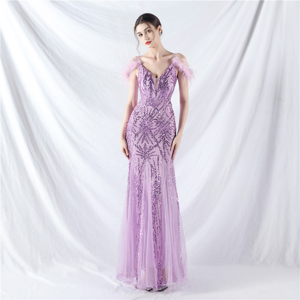 Color Craft Order Ostrich Feather Mesh Sequin Sexy Sling Dress Evening Dress Purple