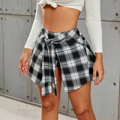 Irregular Asymmetric Plaid Pantskirt Women Summer High Waist A line Skirt Slimming Sexy Short Pantskirt