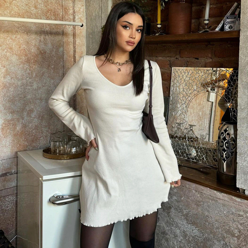 Women Clothing Summer Solid Color Rib Long Sleeve Waist Dress White