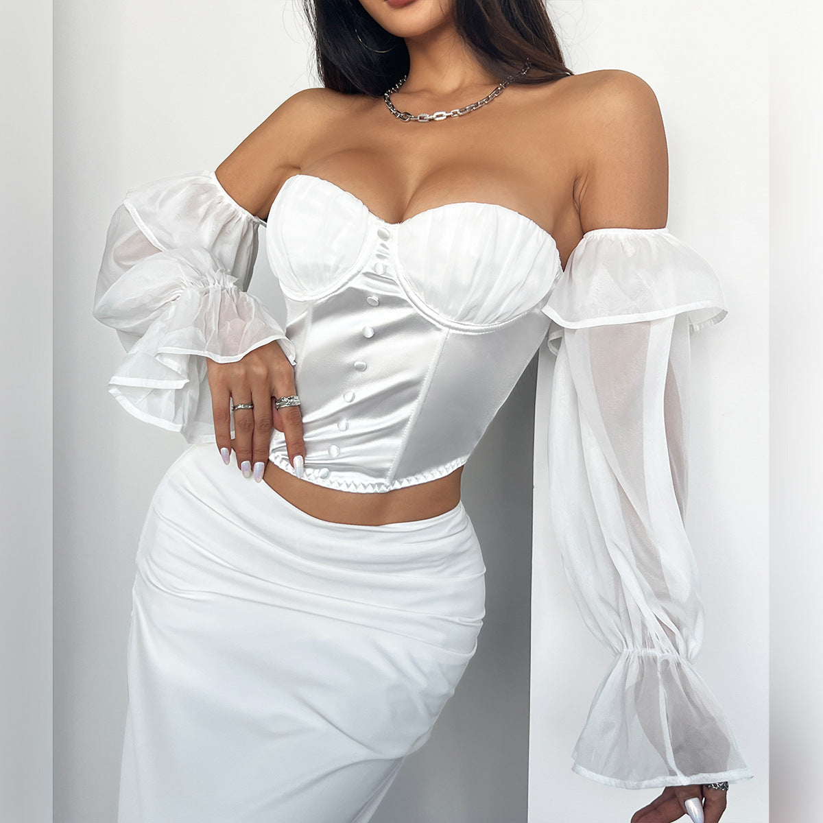 European French Satin High Grade Pleating Steel Ring Boning Corset Mesh Flared Sleeves off the Shoulder Sexy Top 1615