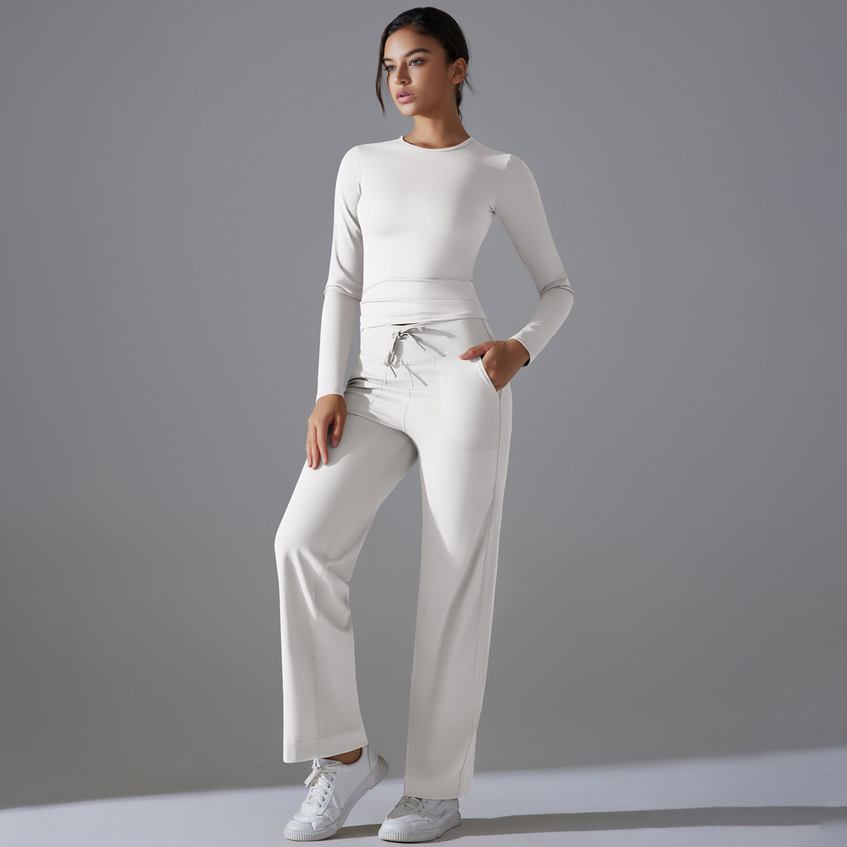 Nude Feel Skin Friendly Long Sleeve Yoga Wear High Strength Workout Clothes Pocket Running Sports Drawstring Wide Leg Pants Sets White Gray