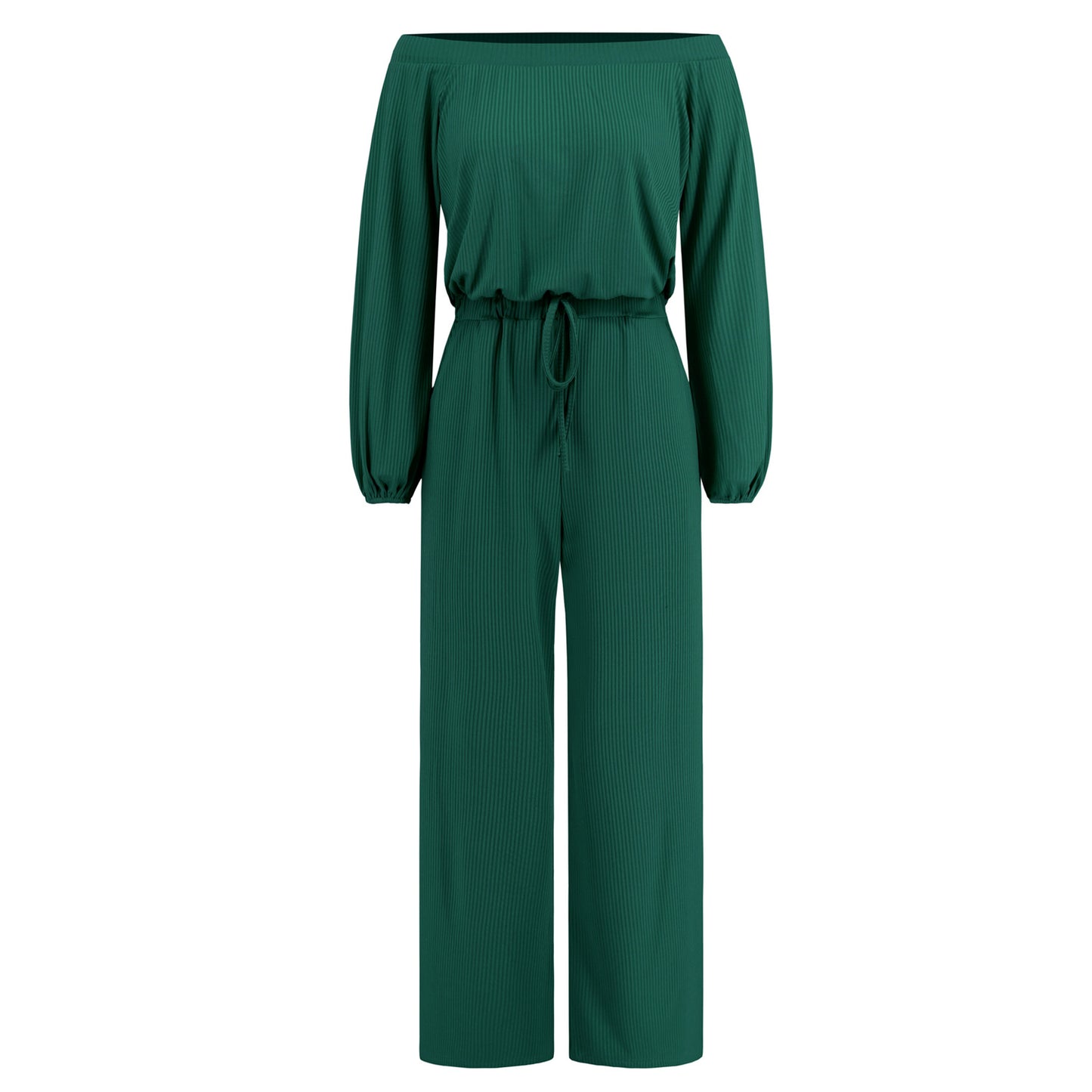 Women Clothing Autumn Winter Casual Off Shoulder Long Sleeve Waist Slimming Jumpsuit Lace Up Wide Leg Trousers Green