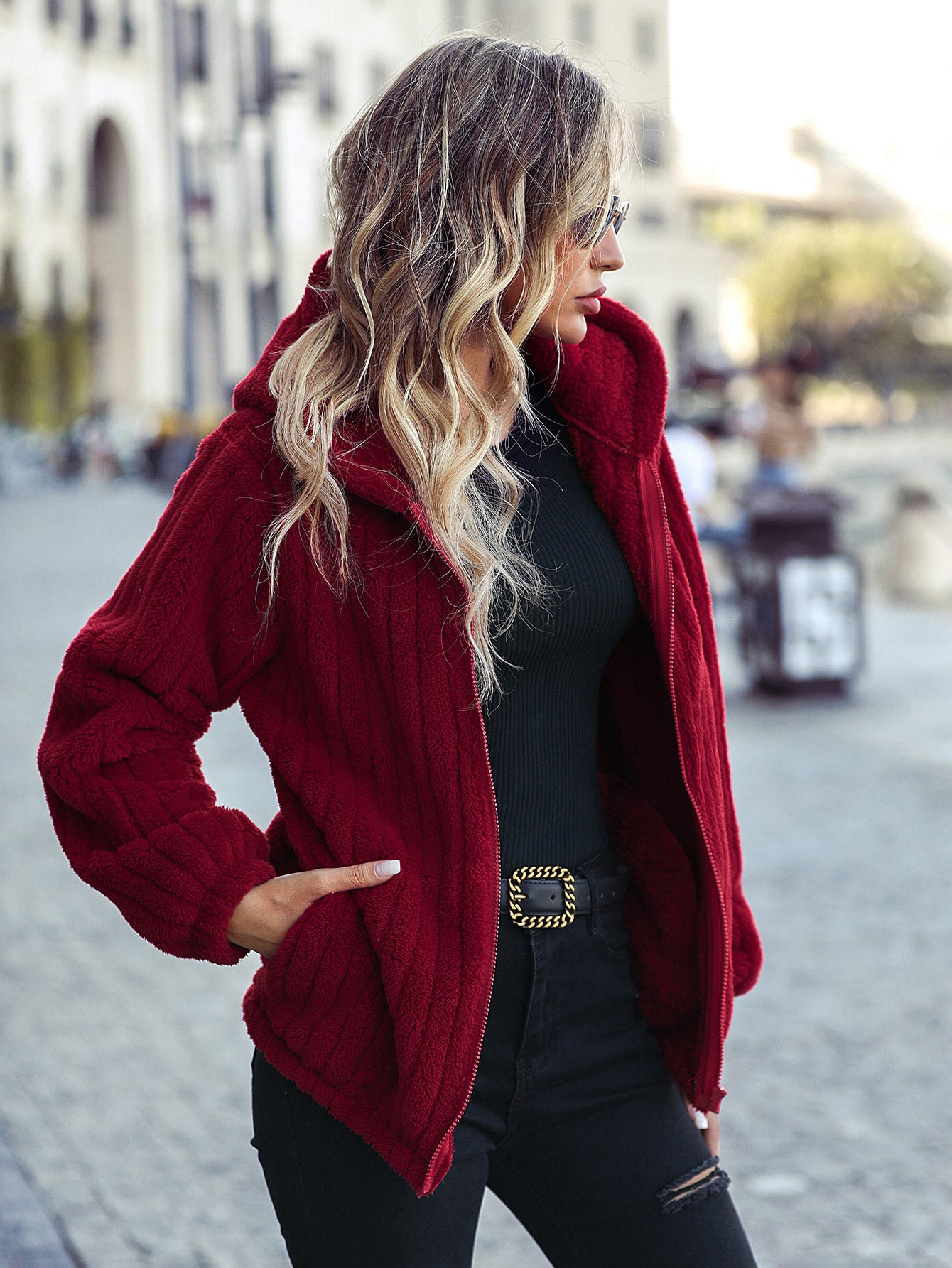 Autumn Winter Women Hooded Long Sleeve Loose Sunken Stripe Zipper Plush Casual Jacket Chinese Red