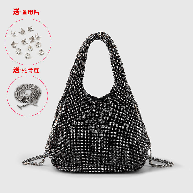 Full Diamond Bag Women Diamond Bucket Bag Rhinestone Chain Portable Messenger Bag One Size Black