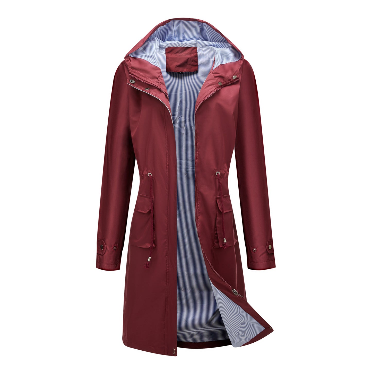 Spring Autumn Long Casual Trench Coat Women Waterproof Hooded Solid Color Top Striped Lining Straight Coat Burgundy