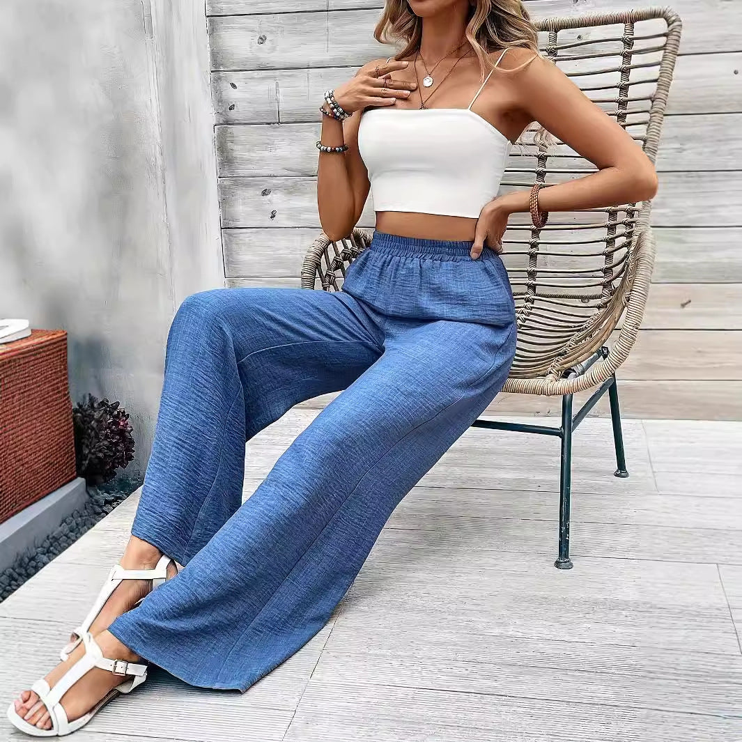 Ladies Spring Autumn Wide Leg Pants Mid Waist Elastic Waist Casual Trousers