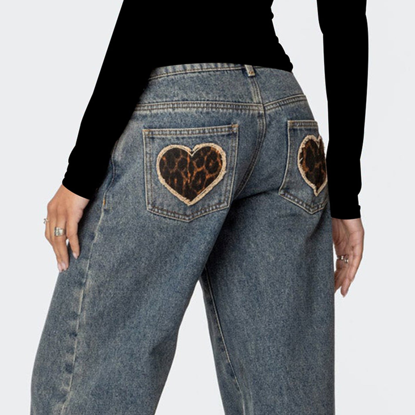 Love Leopard Pattern Pocket Low Waist Wide Leg Casual Straight Jeans