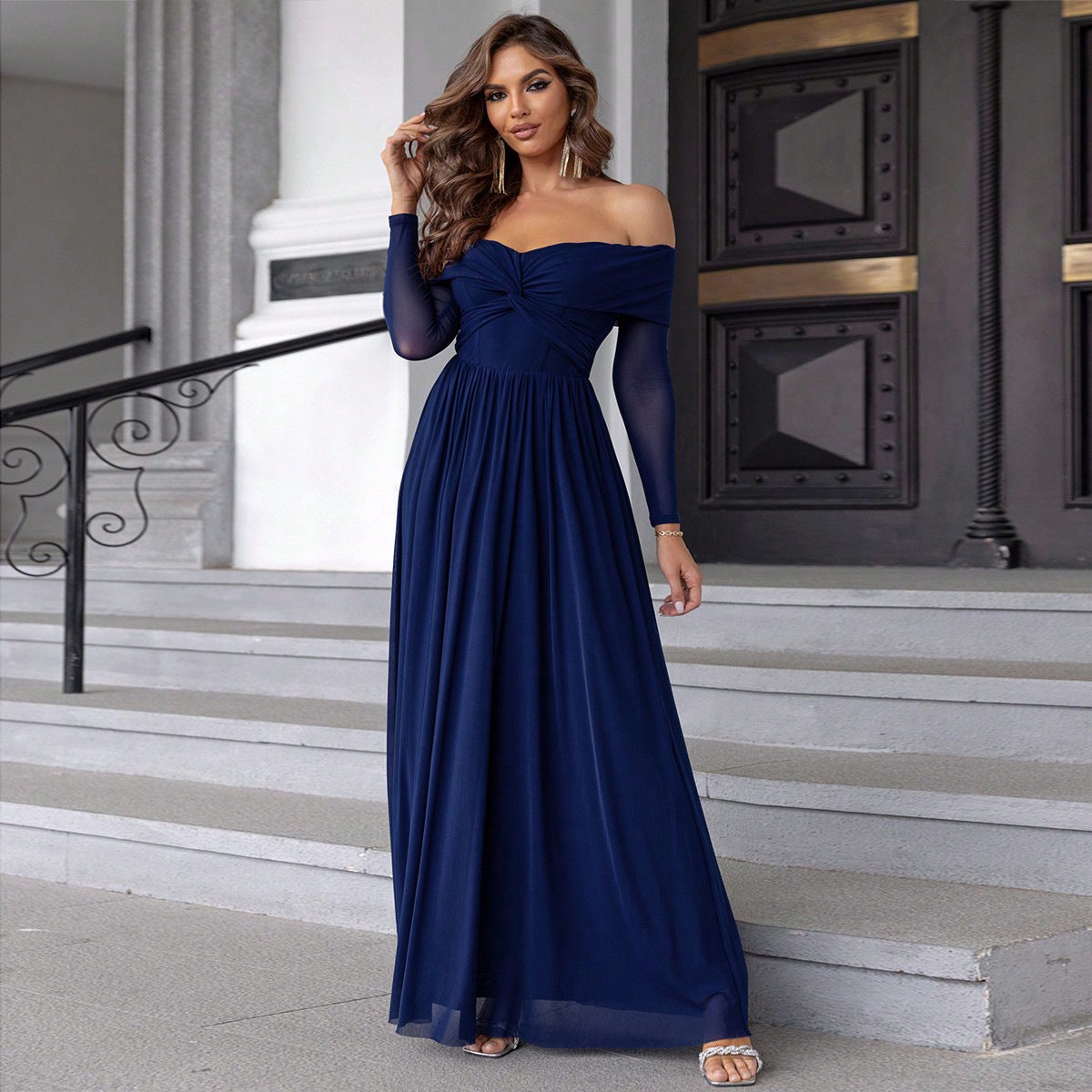 Women Clothing Sexy off the Shoulder Front Mesh Dress Royalblue