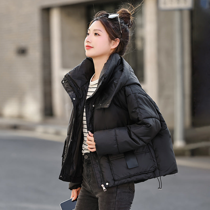 down Cotton Jacket Women Hooded Short Cotton Coat Loose Winter Cotton Padded Jacket Thickened Black