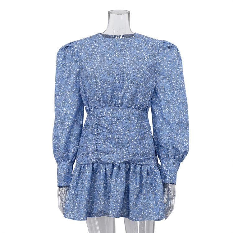 Women Clothing Spring Printed Floral Dress Long Sleeve Cinched Pleated Casual Dress Blue