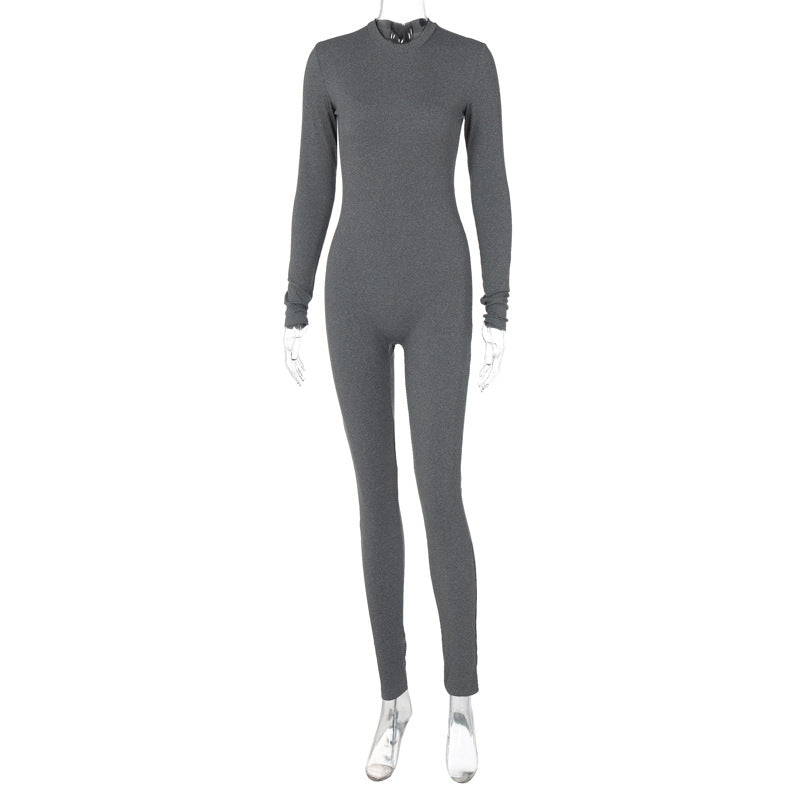 Popular Women Clothing Autumn Solid Color Slim Yoga Sports Jumpsuit Gray