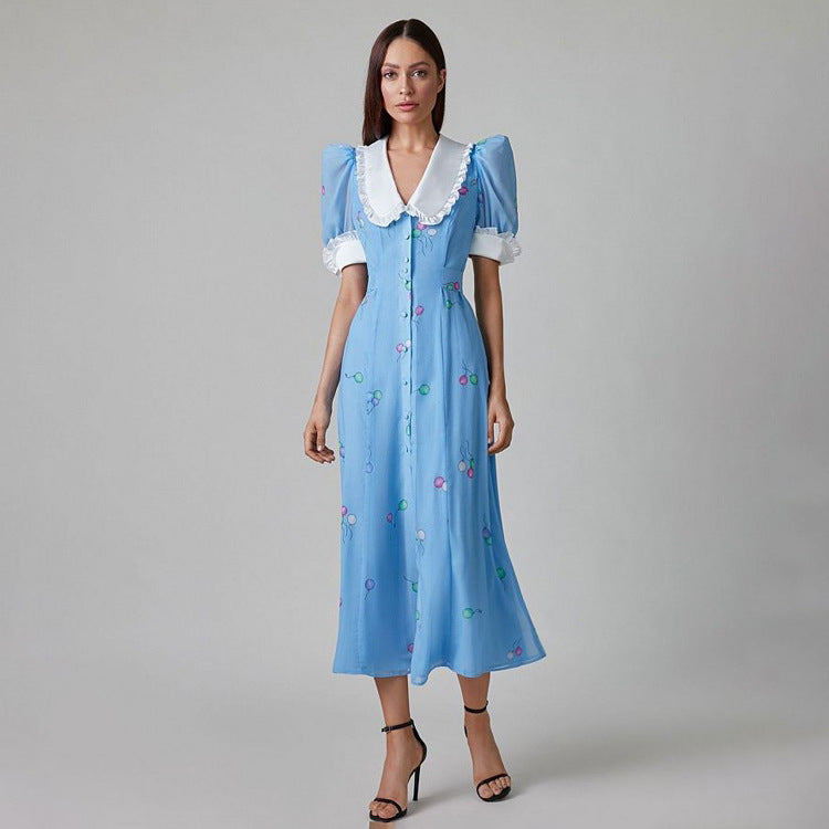 Summer Women Clothing French Printed Dress Peter Pan Collar Short Sleeve Waist Slimming Maxi Dress