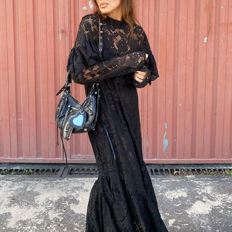 Sexy Lace Maxi Dress Pattern Design Hollow Out Cutout out See through round Neck Long Sleeve A line Dress for Women