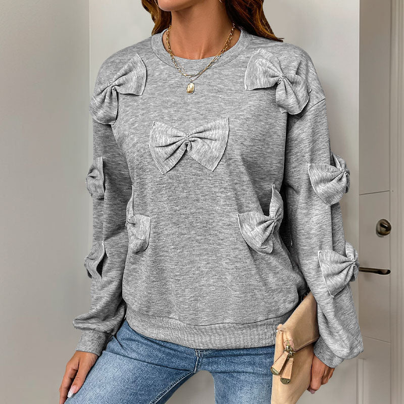 Casual Autumn Bow Stitching Gray round Collar Sweater