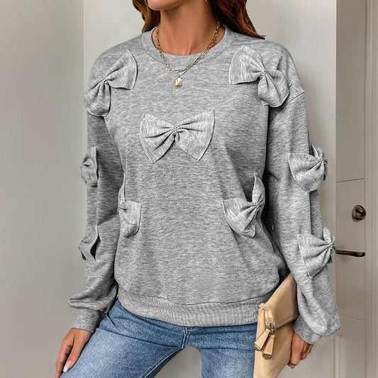 Casual Autumn Bow Stitching Gray round Collar Sweater