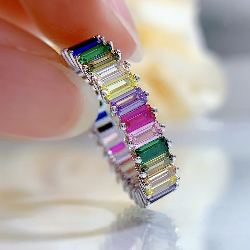 Jewelry Silver Rectangular Colorful Crystals Ring Full Diamond Ring Women