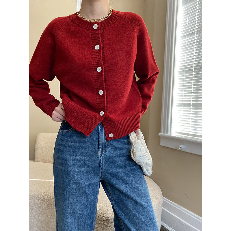 Design Jade Buckle Raglan Sleeve Knitted Christmas Cardigan Coat Autumn Winter