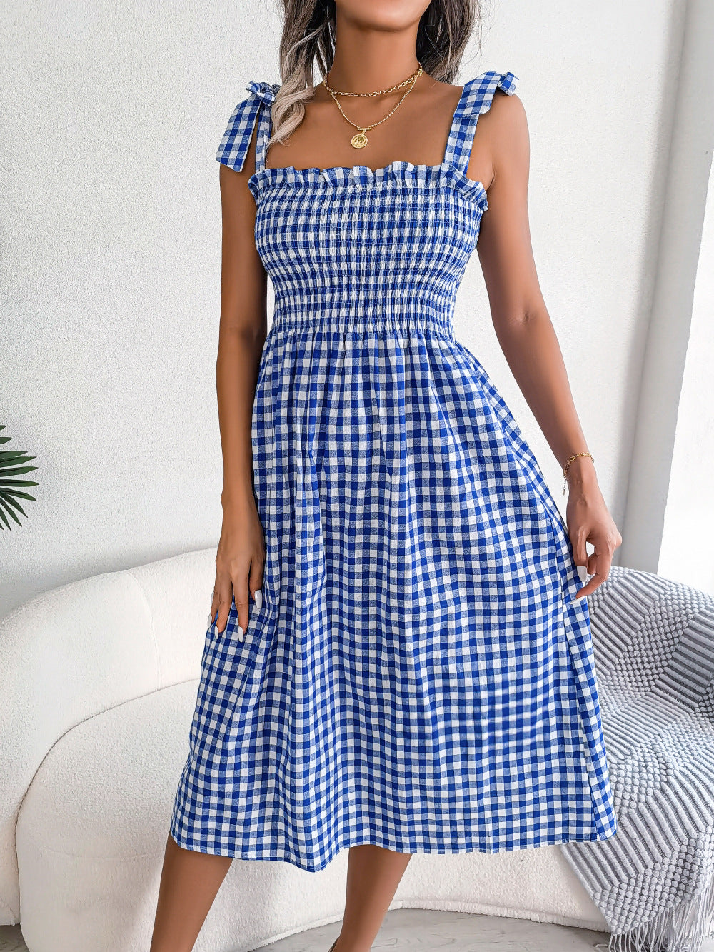 Spring Summer Casual Lace-up Contrast-Color Plaid Mid-Length Dress Women Clothing Blue