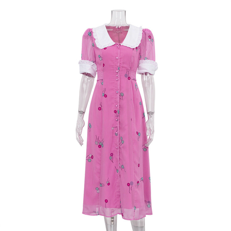 Summer Women Clothing French Printed Dress Peter Pan Collar Short Sleeve Waist Slimming Maxi Dress Pink