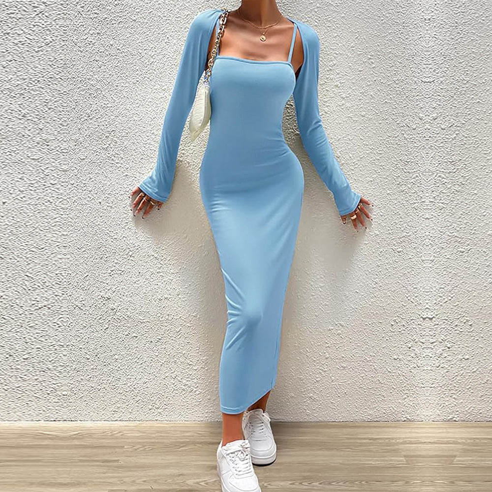 Women Clothing Light Blue Elegant Suit Autumn Winter Shawl Dress Two Piece Set