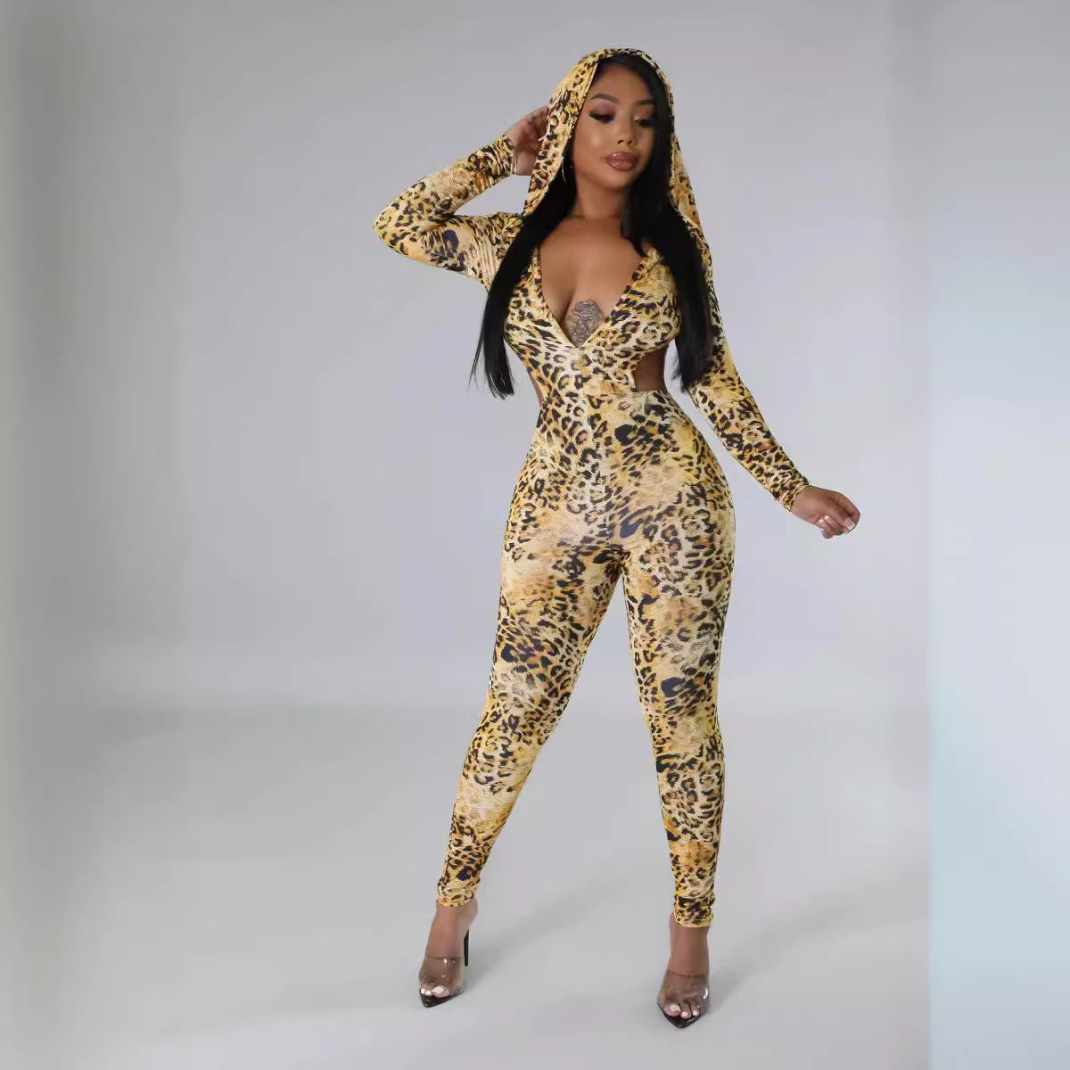 Jumpsuit Autumn Winter Sexy Leopard Print Backless with Hood