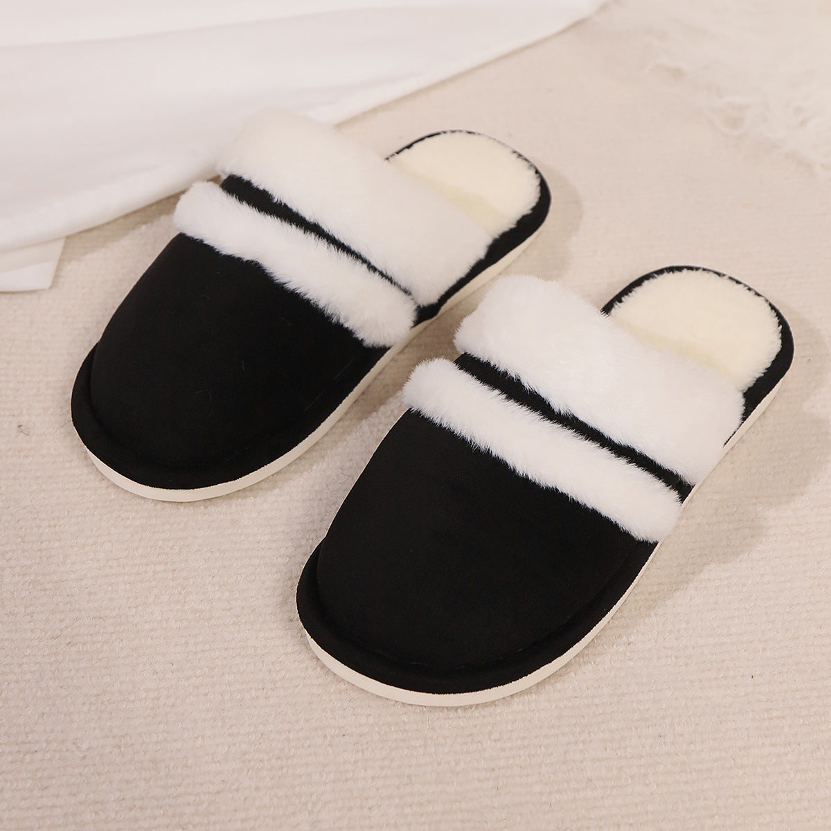 Fluffy Slippers Autumn Winter Warm Slugged Bottom Home Thickened Fleece Slippers Home Indoor Cotton Slippers Rabbit Fur Stitching Black