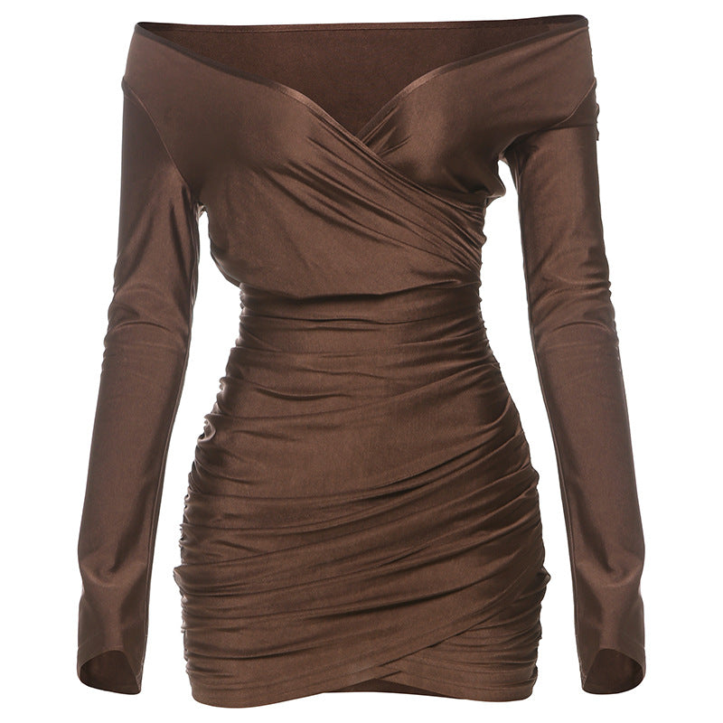 Women Clothing Autumn Winter Sexy Elegant V neck Slim Sheath Long Sleeve Dress Women Brown