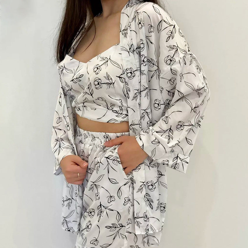 Artificial Silk Underwear Shorts Outerwear Gown Pajamas Three Piece Set Loose Lace up Ice Feeling Home Wear