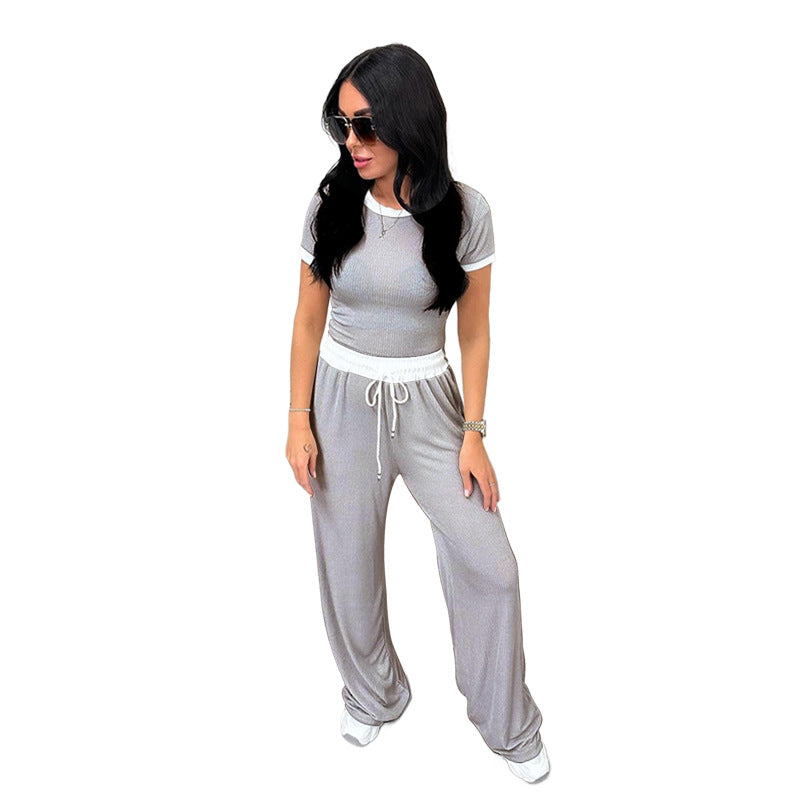 Spring Summer Round Neck Contrast Color Short-Sleeved Women Clothing Casual Wide Leg Pants Sports Suit Light Gray