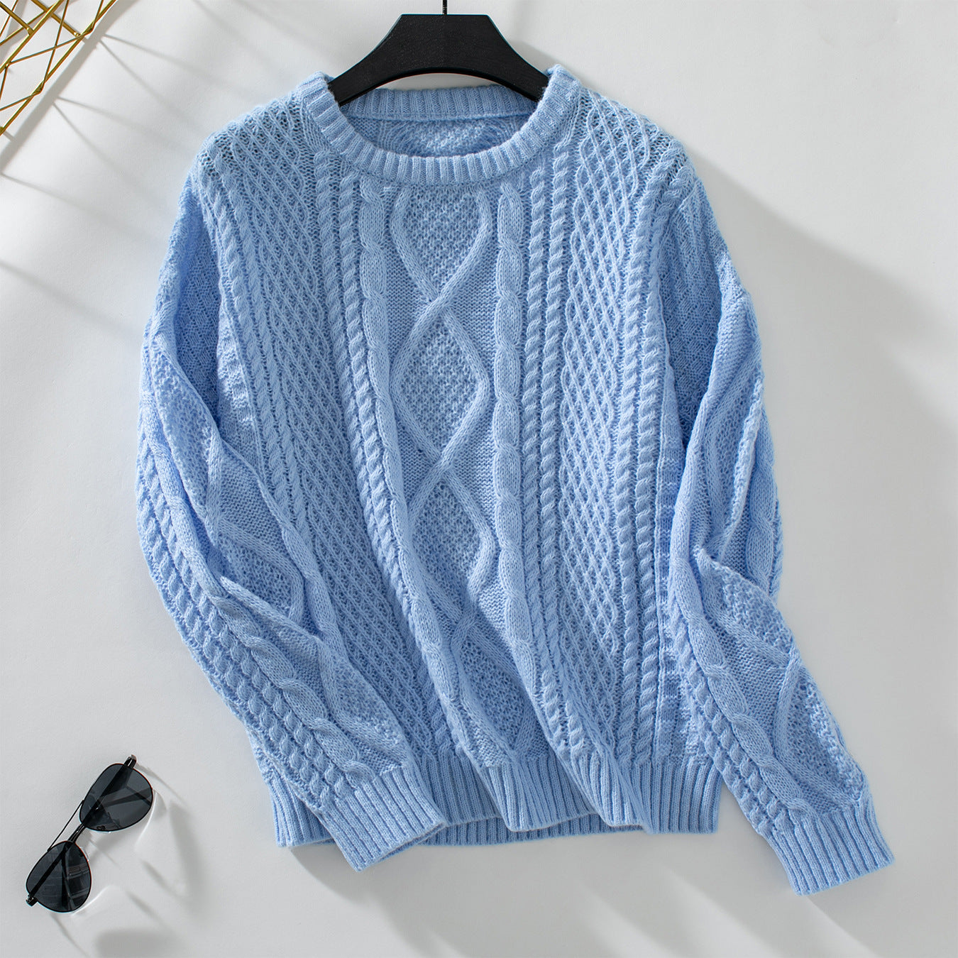 Solid Color Cable Knit Pullover Women Sweater Autumn Winter Loose Long Sleeved Sweater Top Blue