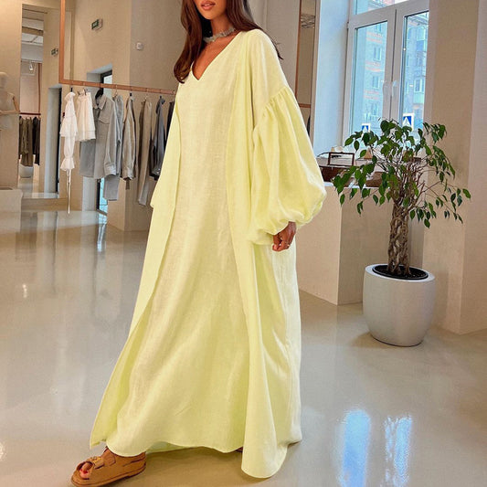 Women Clothing Spring Autumn Casual Vest Dress Puff Sleeve Solid Color Robe Suit Two Piece Set