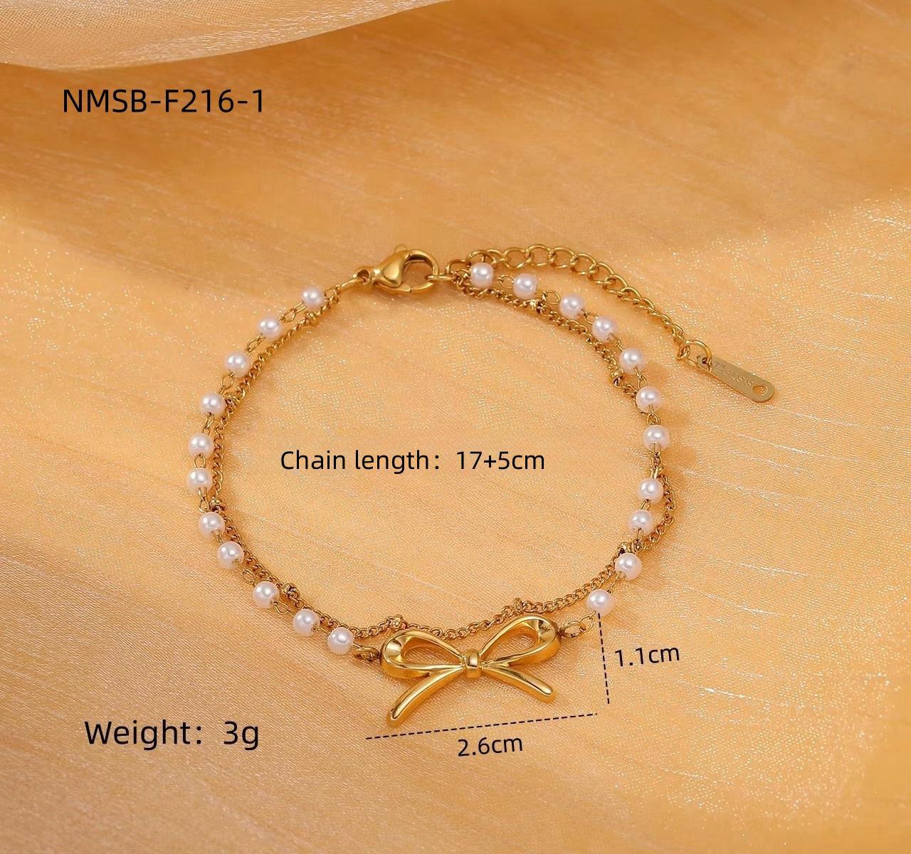 Elegant Titanium Steel Bow Pearl Bracelet Women Arrival 18K Vacuum Gold Plated Stainless Steel Bracelet One Size NMSB-F216-1