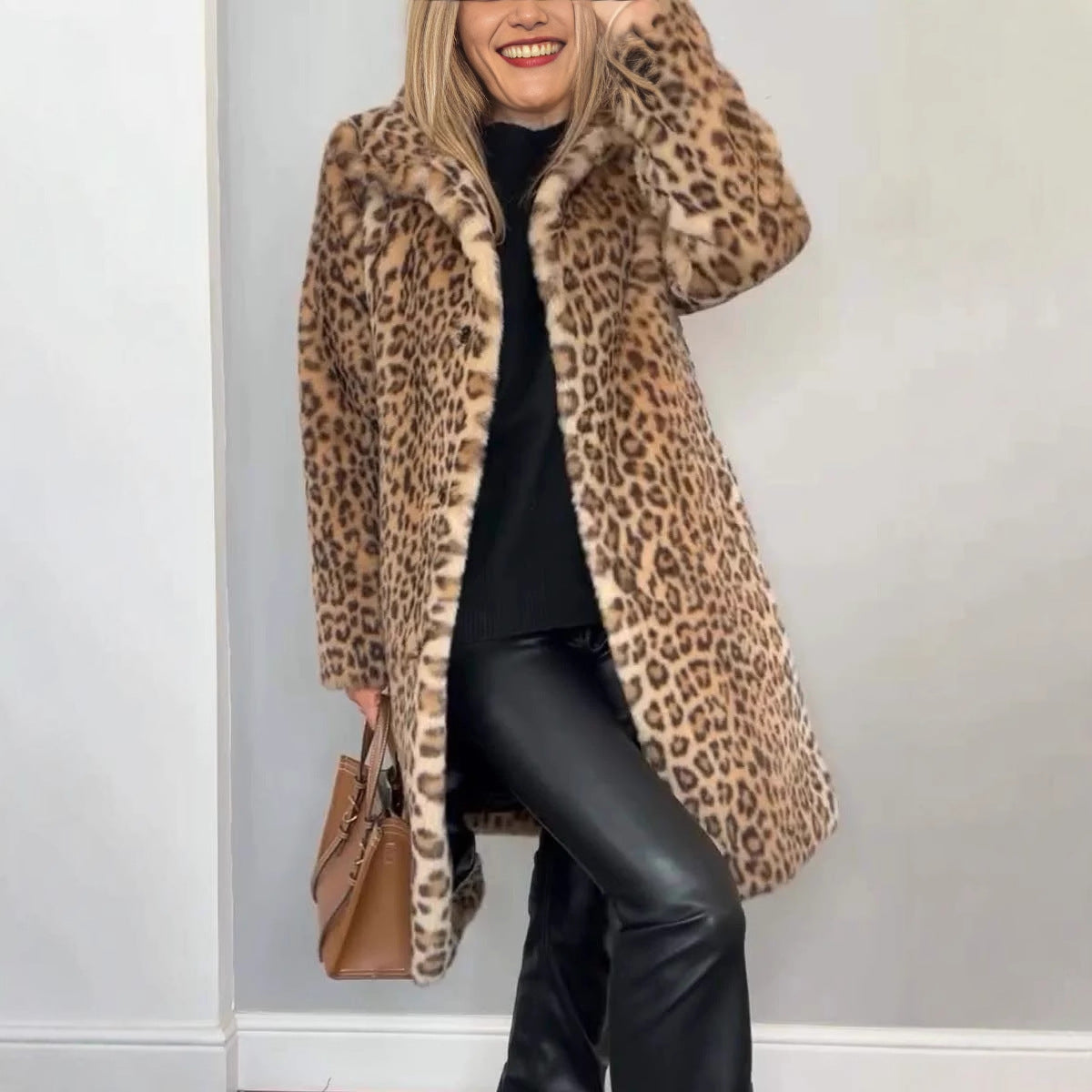 Fall Winter Leopard Print Plush Mid Length Coat