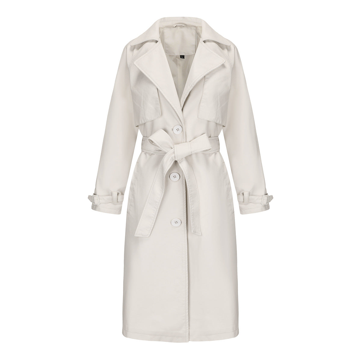 Spring Autumn Women Trench Coat Long Loose Jacket Faux Leather Coat Women Oversize Classic Turn down Collar Coat Containing Belt Ivory